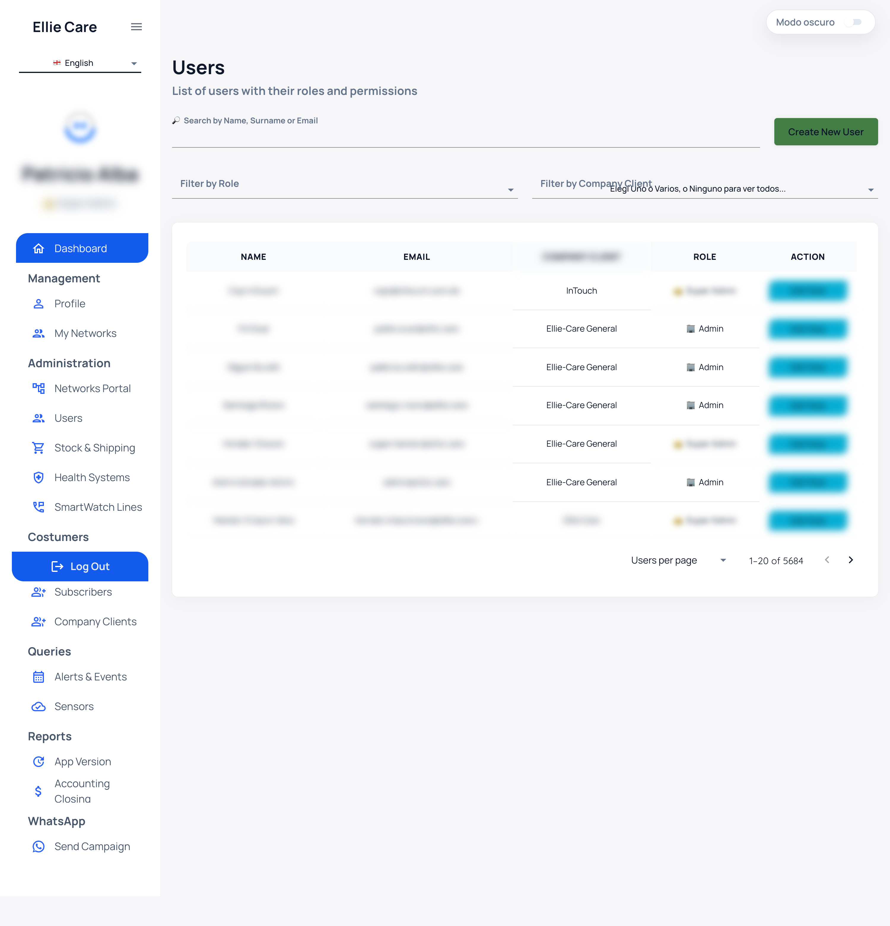 Users screen